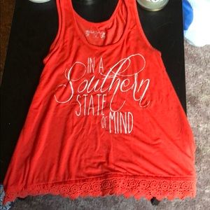 tank top , orange , writing